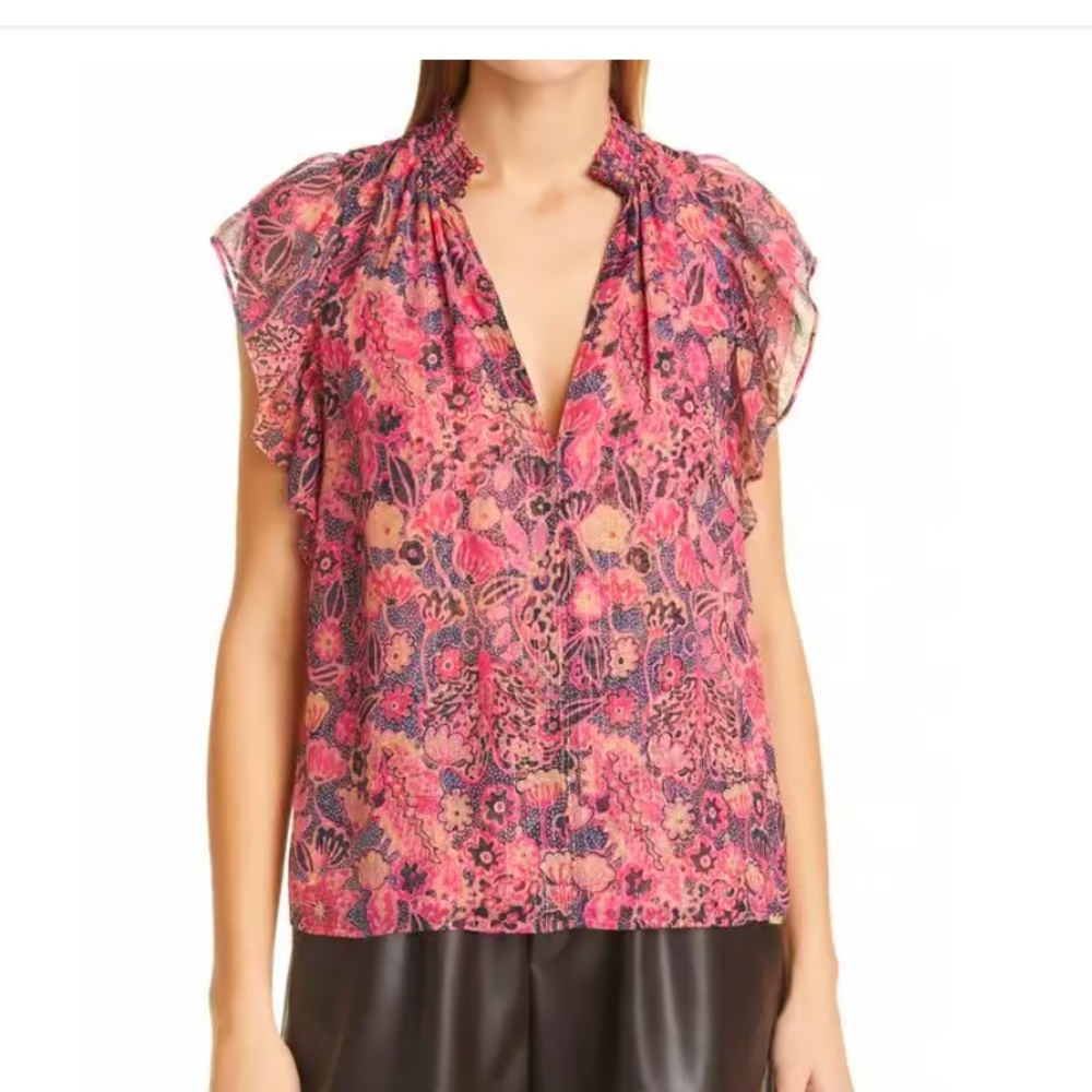 A.L.C. Hayley pink and navy floral silk chiffon blend floral flutter sleeve top